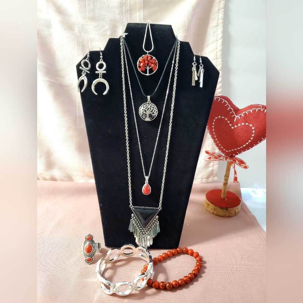 Silver and Red Jewelry Set 10 PIECES NEW